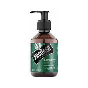 Proraso Champú para barba Rinfrescante - vista frontal de botella marrón con dosificador y etiqueta verde
