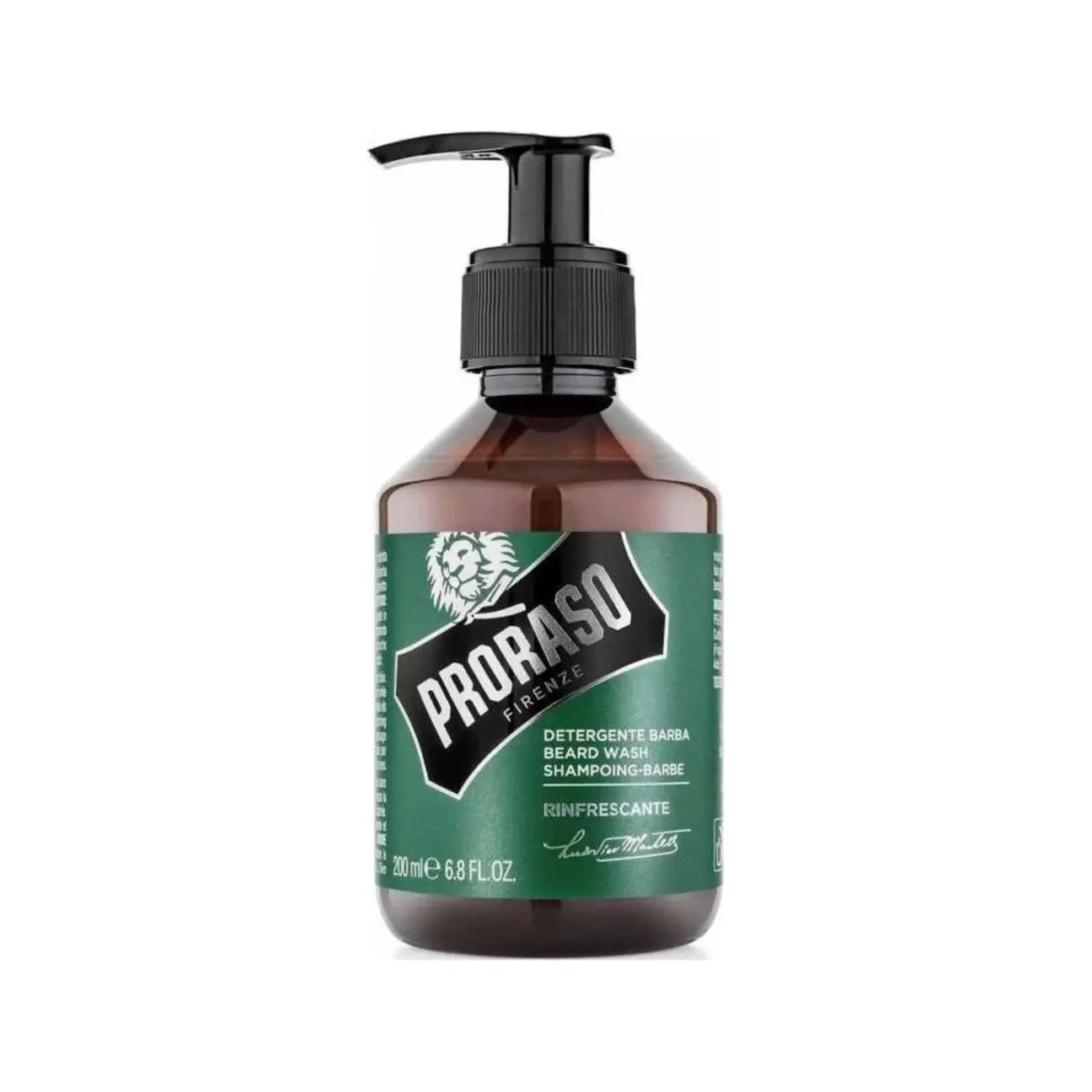 Proraso Champú para barba Rinfrescante - vista frontal de botella marrón con dosificador y etiqueta verde