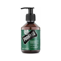 Proraso Champú para barba Rinfrescante - vista frontal de botella marrón con dosificador y etiqueta verde