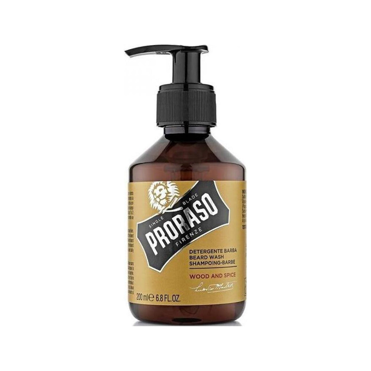 Proraso Champú para barba Wood And Spice - vista frontal de botella marrón con dosificador y etiqueta amarilla