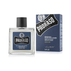 Proraso Beard Balm Azur Lime - frasco de cristal junto a caja de embalaje azul