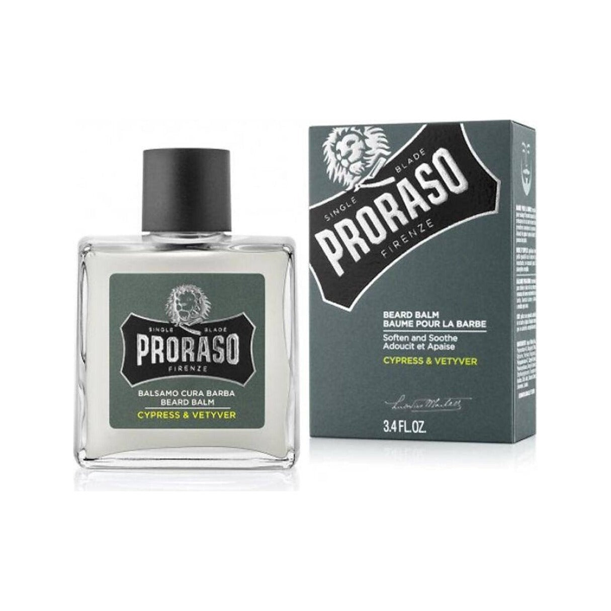 Proraso Beard Balm Cypress & Vetyver - frasco de cristal junto a caja de embalaje gris