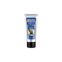 Reuzel Fiber Hair Gel - vista frontal del tubo plateado con etiqueta