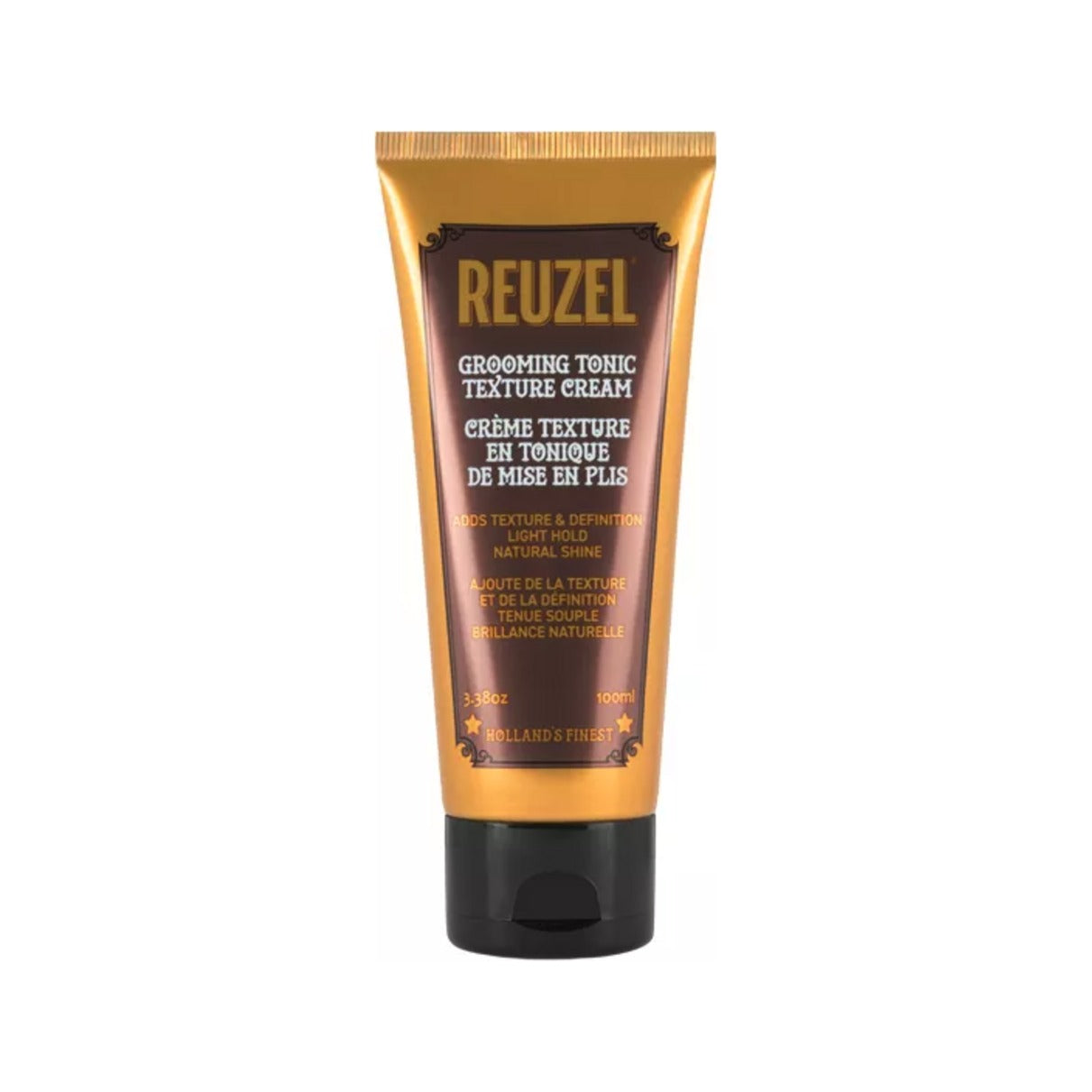 Reuzel Grooming Tonic Texture Cream - vista frontal de tubo marrón dorado sobre fondo blanco