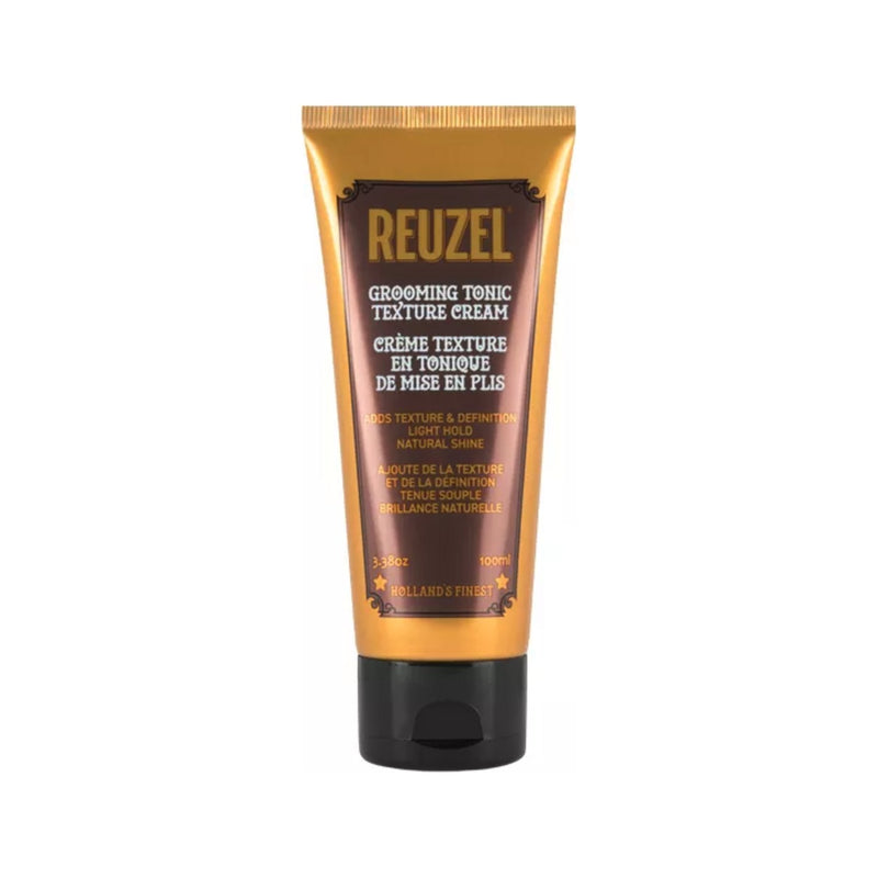Reuzel Grooming Tonic Texture Cream - vista frontal de tubo marrón dorado sobre fondo blanco