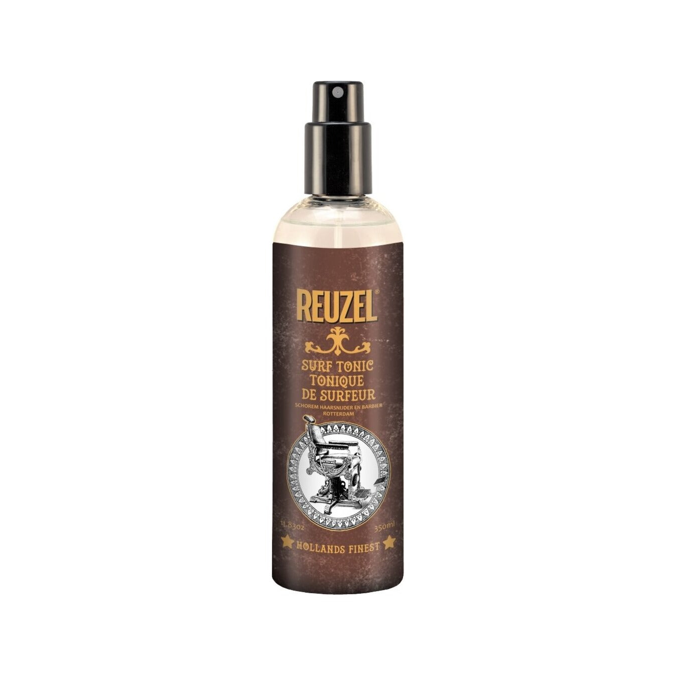 Reuzel Surf Tonic 350ml - vista frontal de botella con pulverizador y etiqueta marrón