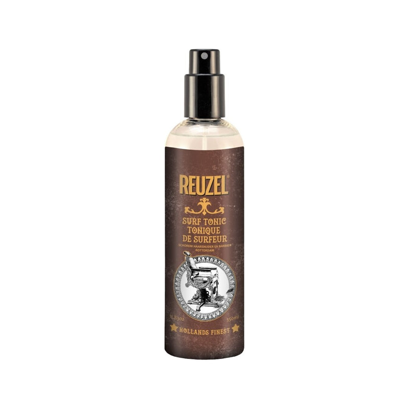 Reuzel Surf Tonic 350ml - vista frontal de botella con pulverizador y etiqueta marrón