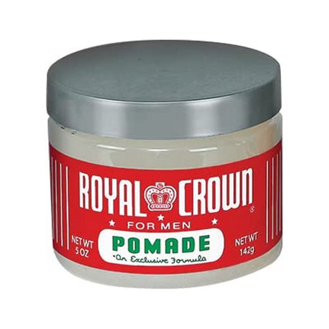Royal Crown Pomade - tarro transparente con etiqueta roja y tapa plateada