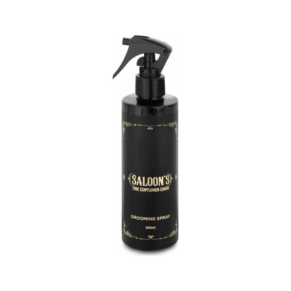 Saloon's Grooming Spray, bote de spray negro de 250 ml con impresión dorada, vista frontal