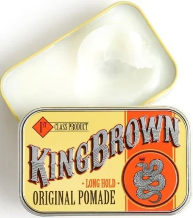 King Brown Original Pomada, lata abierta con textura blanca visible