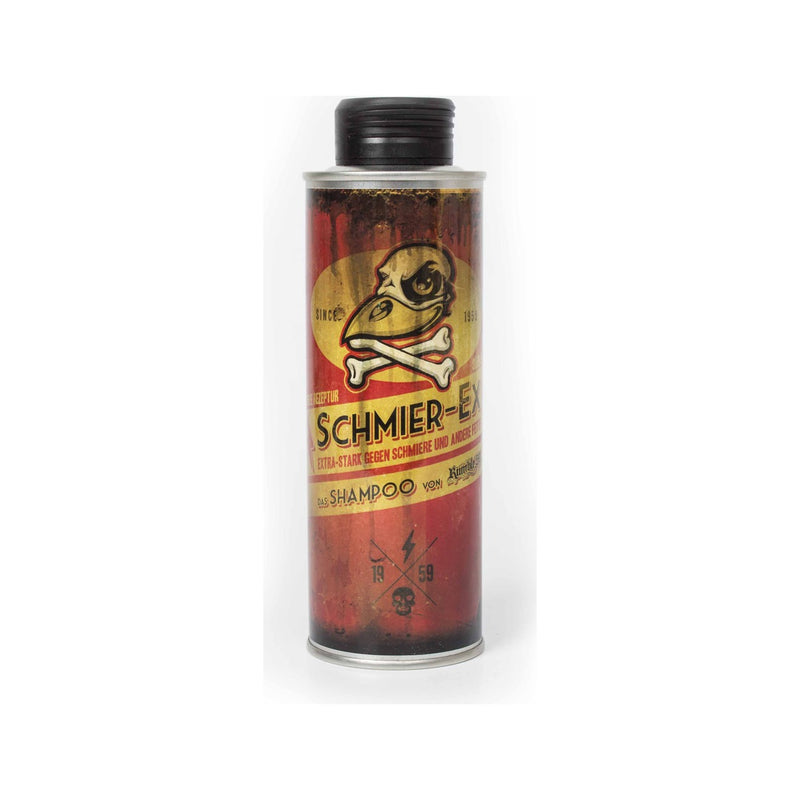 Schmiere Ex Shampoo, botella de metal con etiqueta vintage e ilustración de calavera