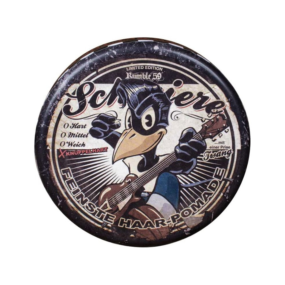 Schmiere Twang Pomada a base de aceite, lata con ilustración de pájaro guitarrista en la tapa