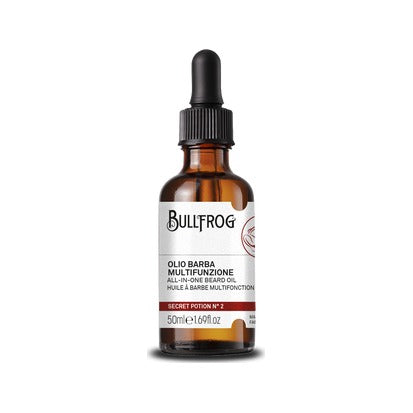 Bullfrog Secret Potion No. 2 Beard Oil, vista frontal del frasco ámbar con pipeta