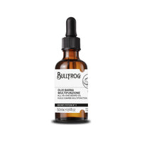 Bullfrog Secret Potion No. 3 Beard Oil, vista frontal del frasco de cristal marrón con tapón de pipeta y etiqueta