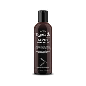 Pomp & Co. Shave Creme, vista frontal del bote negro con tapón abatible