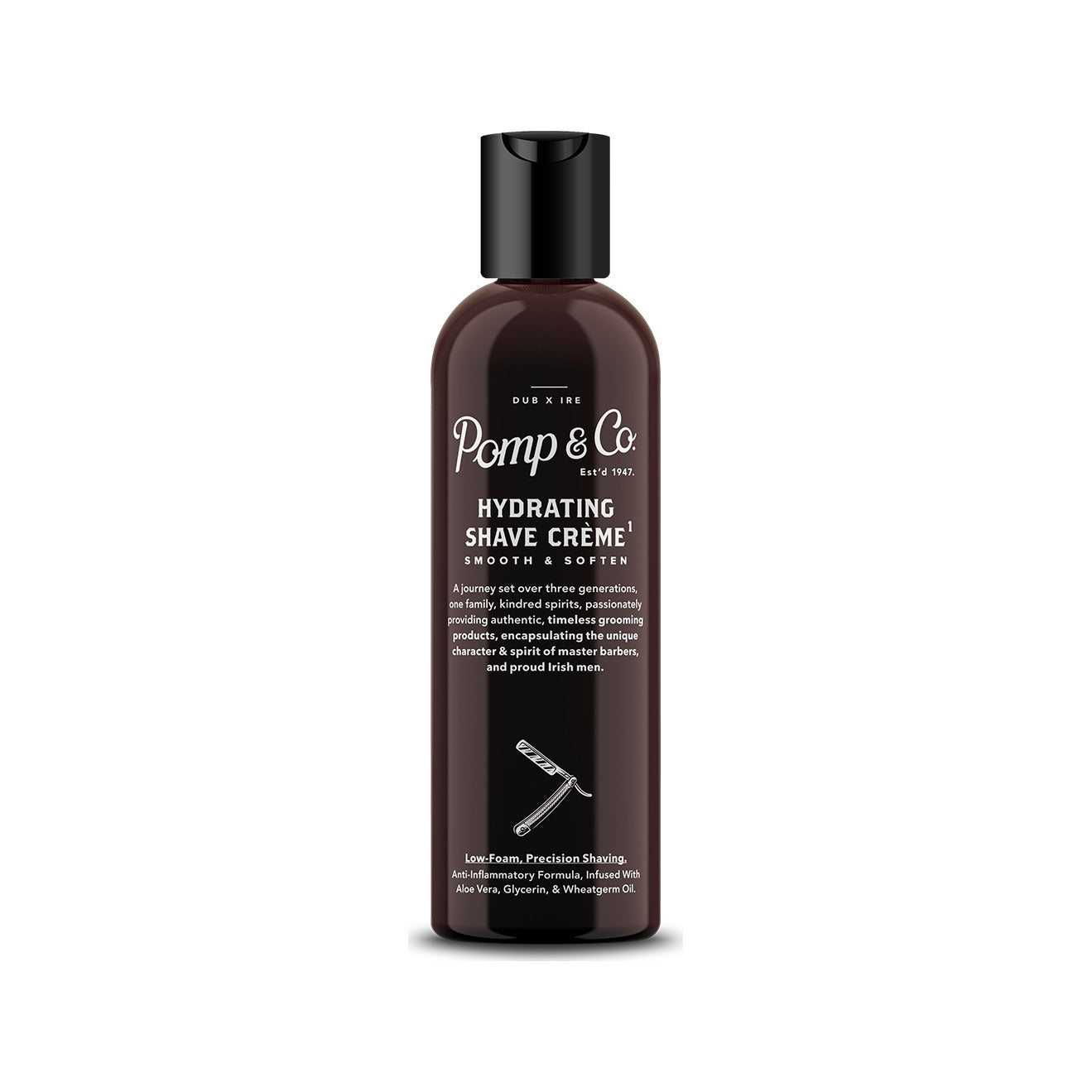 Pomp & Co. Shave Creme, vista frontal del bote negro con tapón abatible