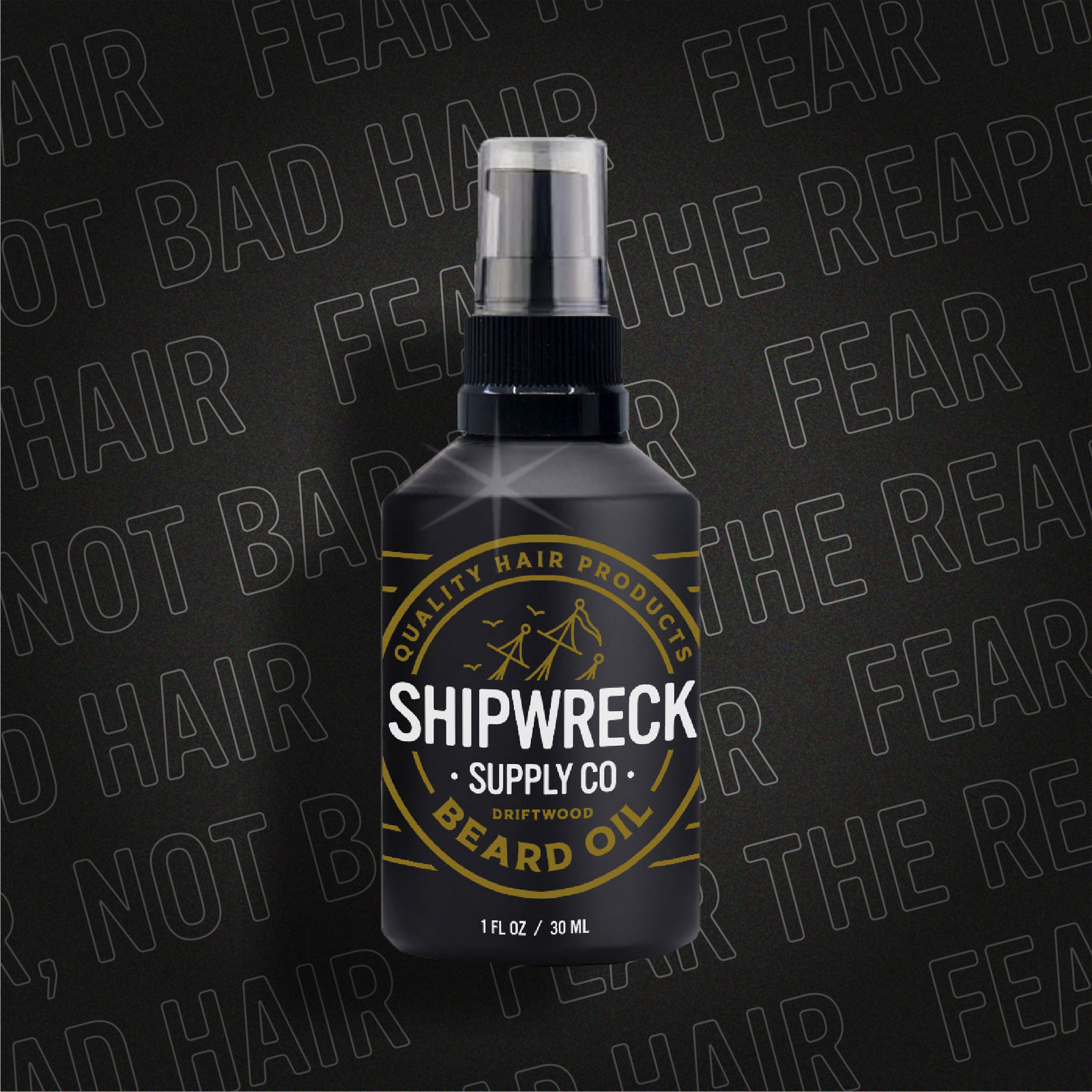 Zwart glazen flesje Shipwreck Supply Co. Driftwood baardolie van 30 ml met pompje.