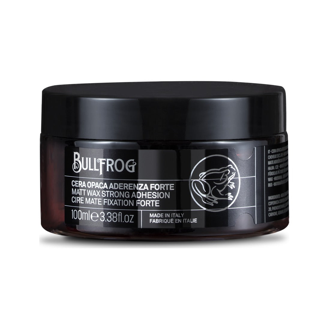 Bullfrog Strong Adhesion Cera mate, vista frontal del tarro cerrado con etiqueta