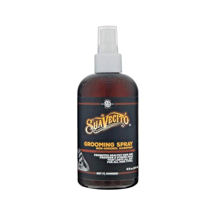 Suavecito Grooming Spray - vista frontal de frasco marrón con pulverizador y etiqueta