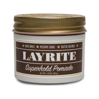 Layrite Superhold Pomade, vista frontal del tarro con etiqueta marrón y tapa dorada