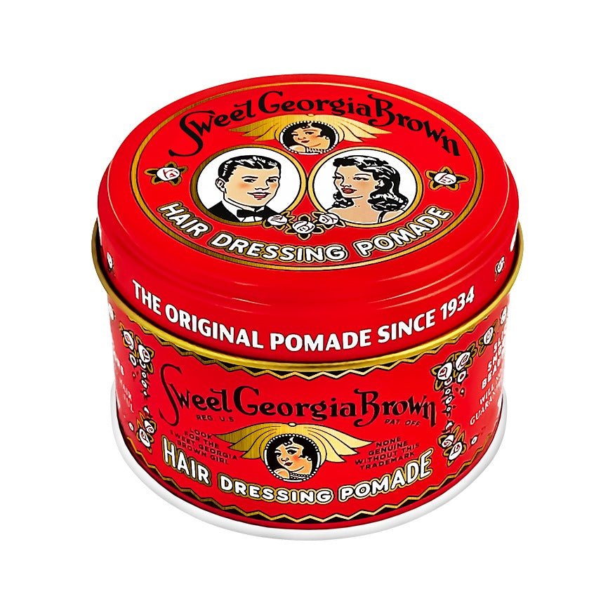 Sweet Georgia Brown Hair Pomade Red, lata roja con estampado vintage, vista superior inclinada
