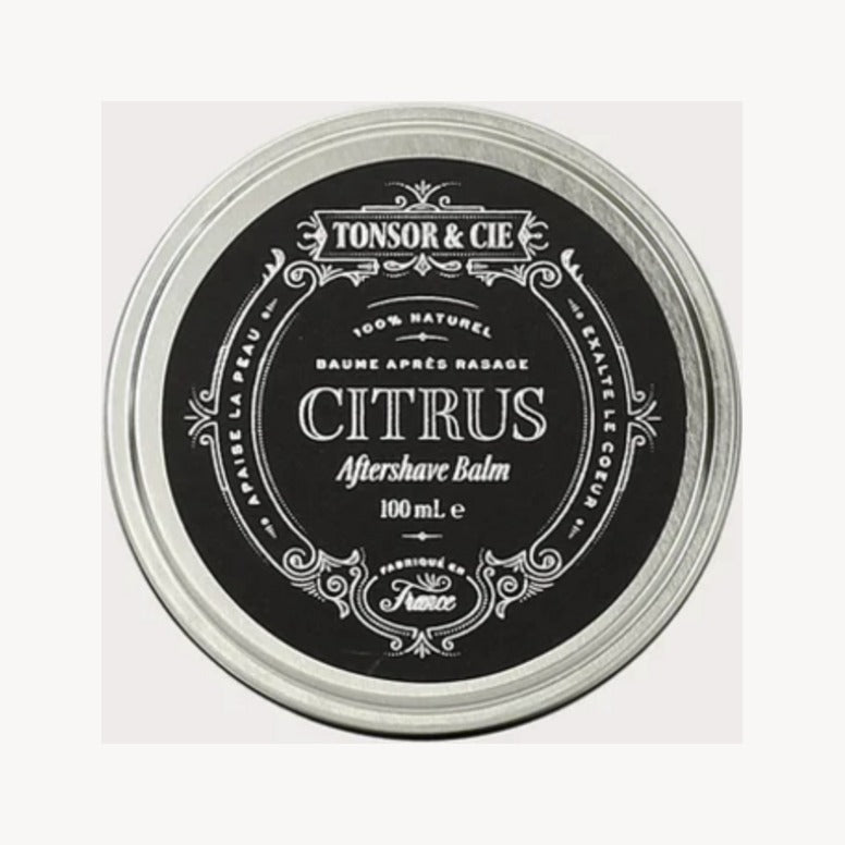 Tonsor & Cie Aftershave Balm Citrus, vista superior de lata cerrada con etiqueta negra, 100 mL