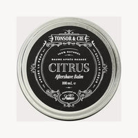 Tonsor & Cie Aftershave Balm Citrus, vista superior de lata cerrada con etiqueta negra, 100 mL