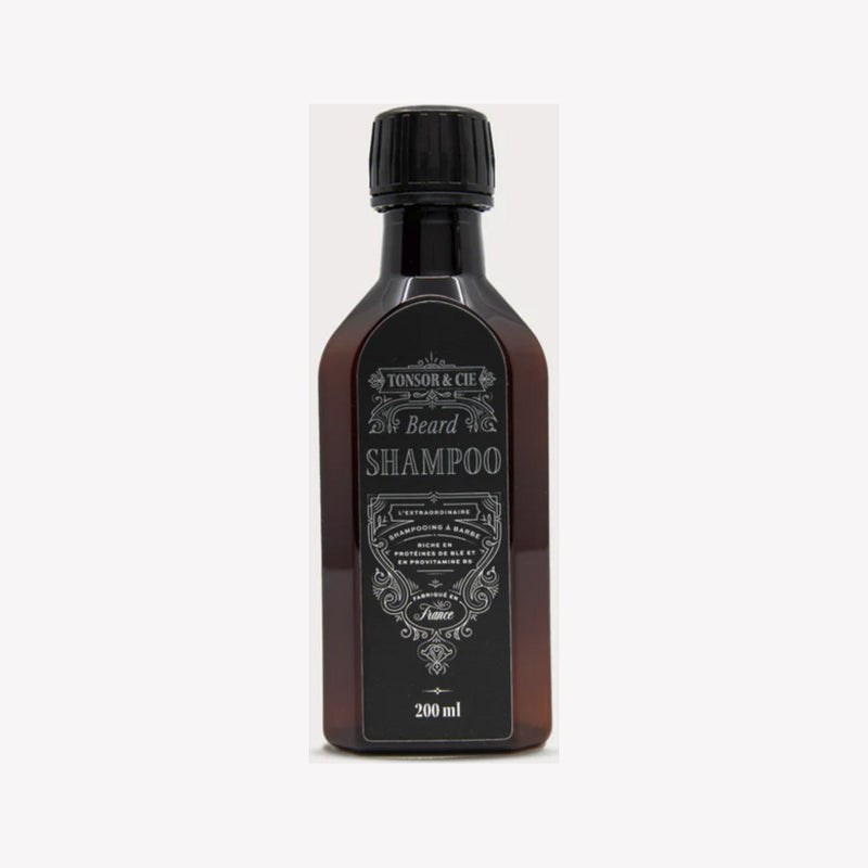 Tonsor & Cie Champú para barba, vista frontal de botella ámbar con etiqueta negra, 200 ml