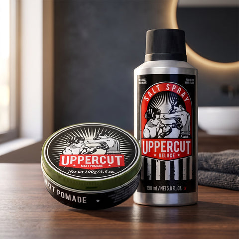 Set volumen Uppercut, el set completo sobre una encimera de madera