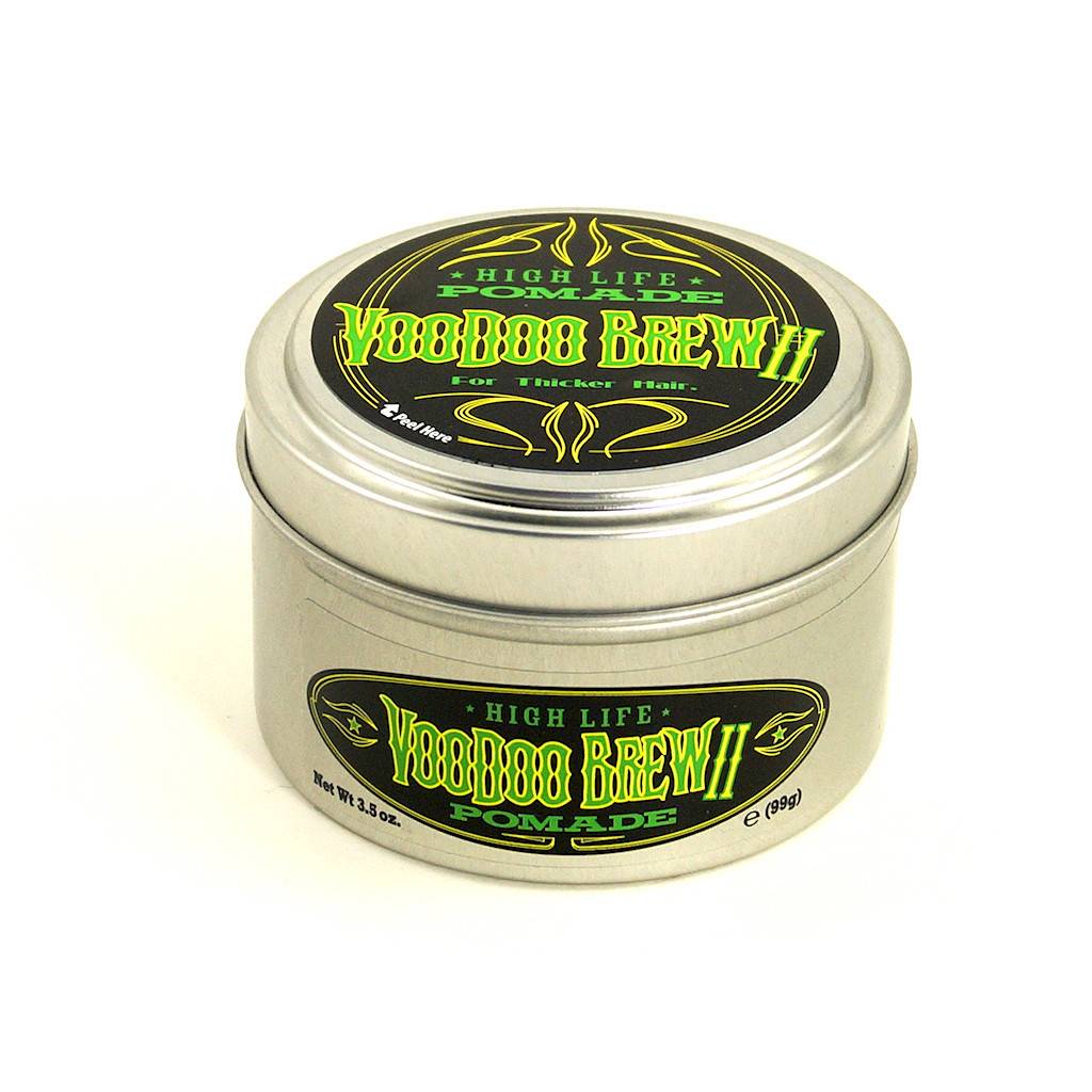 High Life Voodoo Brew 2 Pomada, lata de metal con etiqueta negra y verde, vista frontal