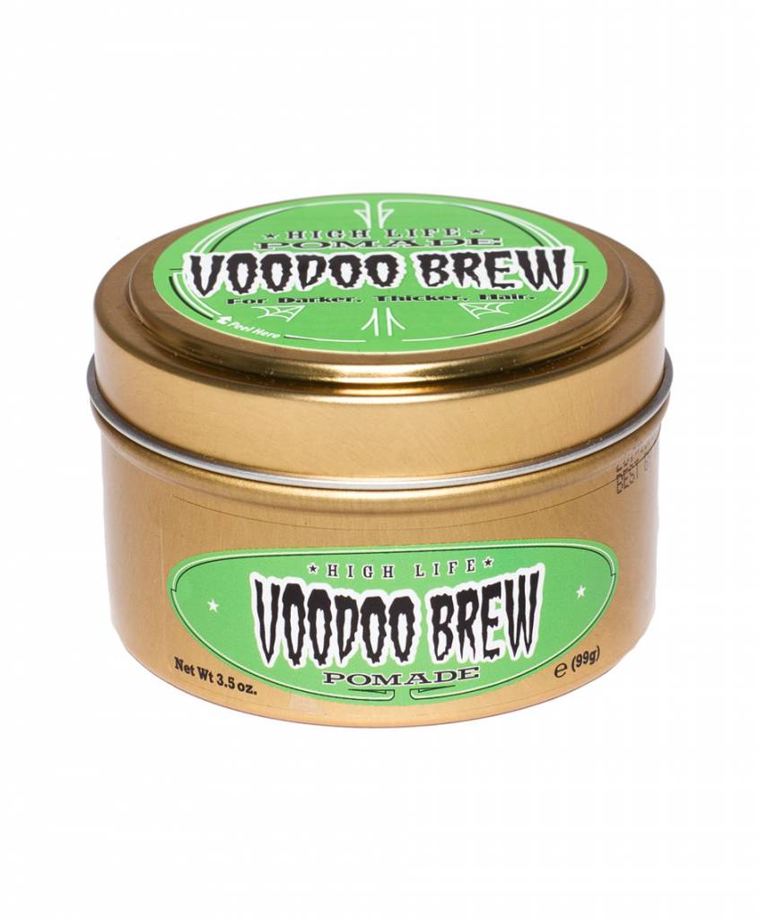 High Life Voodoo Brew Pomada, lata dorada con etiqueta verde, vista frontal